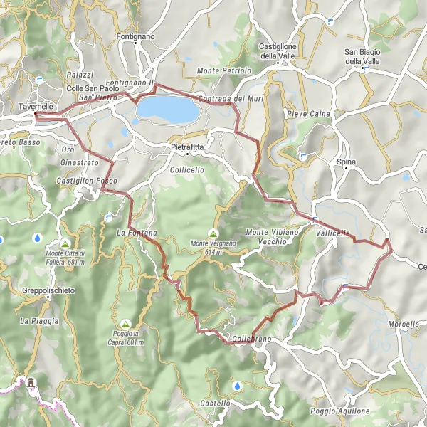 Miniatura della mappa di ispirazione al ciclismo "Tour in Gravel tra Borghi e Colline" nella regione di Umbria, Italy. Generata da Tarmacs.app, pianificatore di rotte ciclistiche