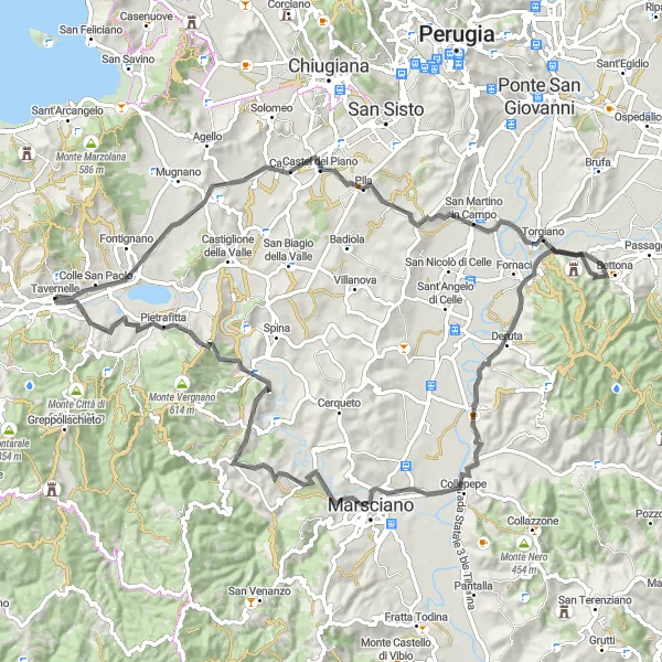 Miniatura della mappa di ispirazione al ciclismo "Viaggio in Bici da Strada da Torgiano a Deruta" nella regione di Umbria, Italy. Generata da Tarmacs.app, pianificatore di rotte ciclistiche