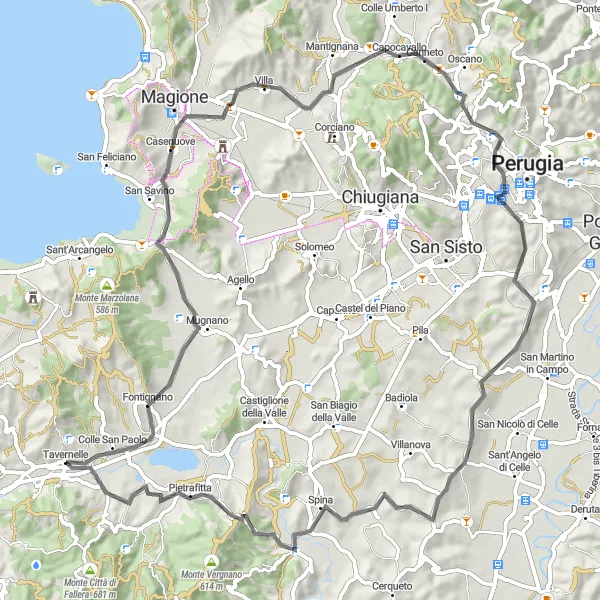 Miniatura della mappa di ispirazione al ciclismo "Giro in bicicletta da Tavernelle" nella regione di Umbria, Italy. Generata da Tarmacs.app, pianificatore di rotte ciclistiche