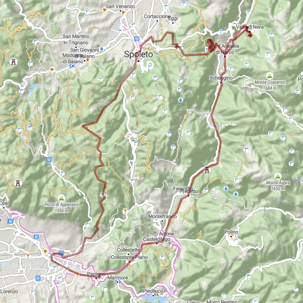 Miniatura della mappa di ispirazione al ciclismo "Tour ciclistico tra Spoleto e Ferentillo" nella regione di Umbria, Italy. Generata da Tarmacs.app, pianificatore di rotte ciclistiche