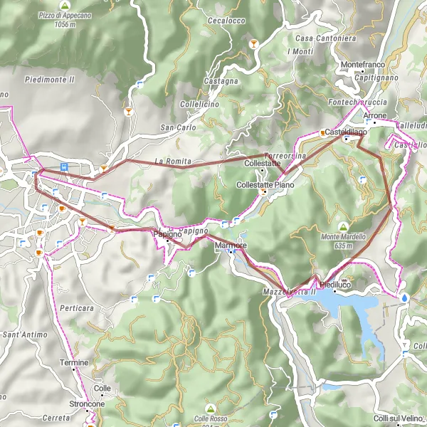 Miniatura della mappa di ispirazione al ciclismo "Percorso in gravel da Terni alla Cascata delle Marmore" nella regione di Umbria, Italy. Generata da Tarmacs.app, pianificatore di rotte ciclistiche