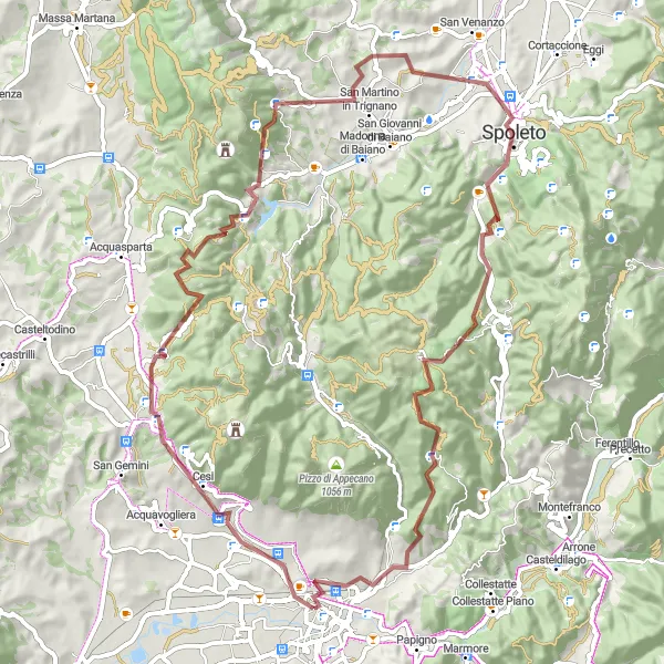 Miniatura della mappa di ispirazione al ciclismo "Giro in gravèl verso Monte Calvo" nella regione di Umbria, Italy. Generata da Tarmacs.app, pianificatore di rotte ciclistiche