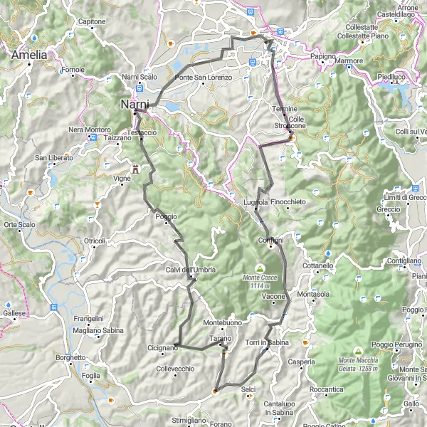 Miniatura della mappa di ispirazione al ciclismo "Giro in bicicletta da Terni a Narni" nella regione di Umbria, Italy. Generata da Tarmacs.app, pianificatore di rotte ciclistiche