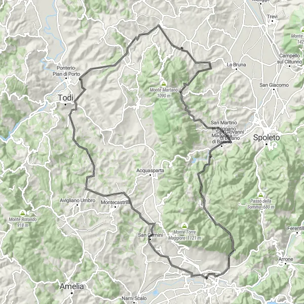 Miniatura della mappa di ispirazione al ciclismo "Giro in bici da Terni a Rocca San Zenone" nella regione di Umbria, Italy. Generata da Tarmacs.app, pianificatore di rotte ciclistiche