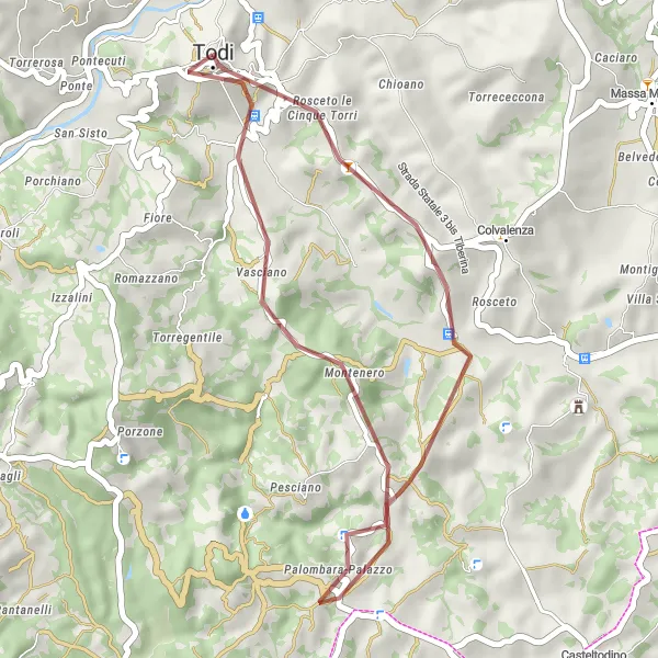 Miniatura della mappa di ispirazione al ciclismo "Tour in Gravel da Todi a Montenero" nella regione di Umbria, Italy. Generata da Tarmacs.app, pianificatore di rotte ciclistiche