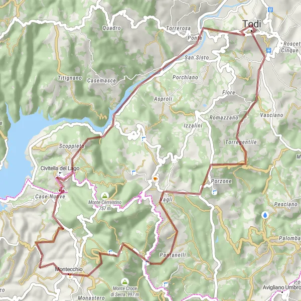 Miniatura della mappa di ispirazione al ciclismo "Giro in bicicletta attraverso Todi" nella regione di Umbria, Italy. Generata da Tarmacs.app, pianificatore di rotte ciclistiche
