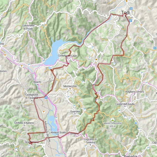 Miniatura della mappa di ispirazione al ciclismo "Esplorazione in Gravel tra Todi e Civitella del Lago" nella regione di Umbria, Italy. Generata da Tarmacs.app, pianificatore di rotte ciclistiche