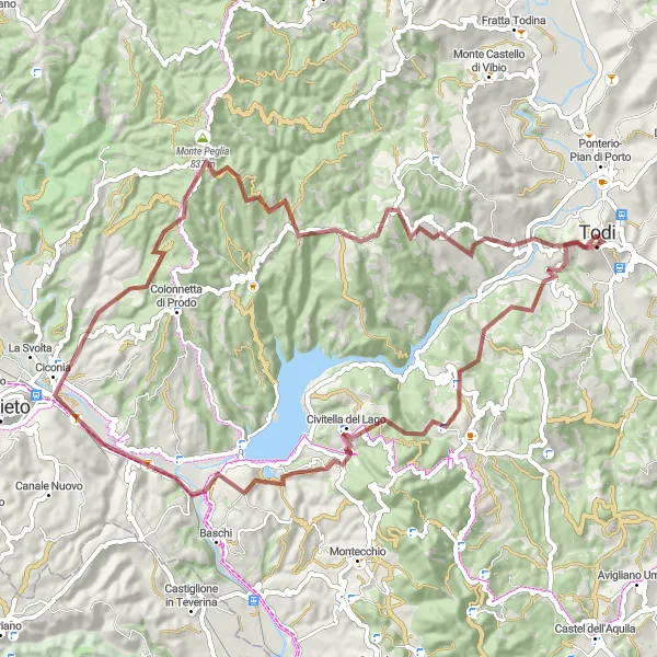 Map miniature of "Gravel Adventure to Monte Peglia" cycling inspiration in Umbria, Italy. Generated by Tarmacs.app cycling route planner