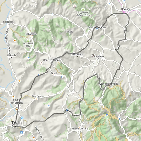 Miniatura della mappa di ispirazione al ciclismo "Emozioni tra Todi e Viepri" nella regione di Umbria, Italy. Generata da Tarmacs.app, pianificatore di rotte ciclistiche