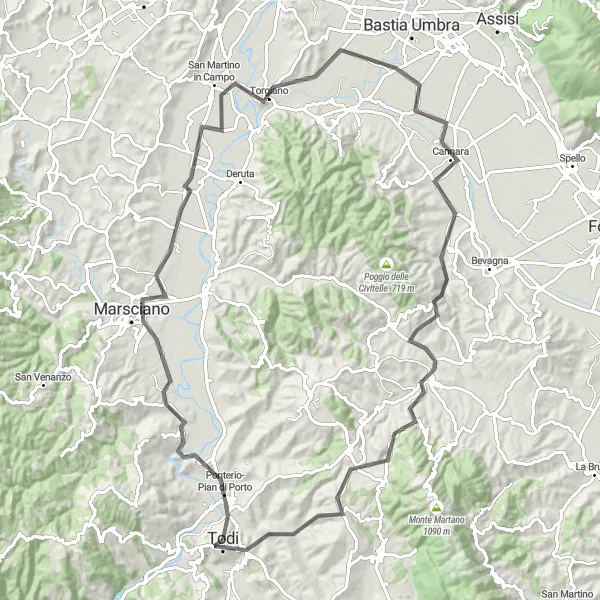 Miniatura mapy "Przejażdżka szosowa z Fratta Todina do Viepri" - trasy rowerowej w Umbria, Italy. Wygenerowane przez planer tras rowerowych Tarmacs.app