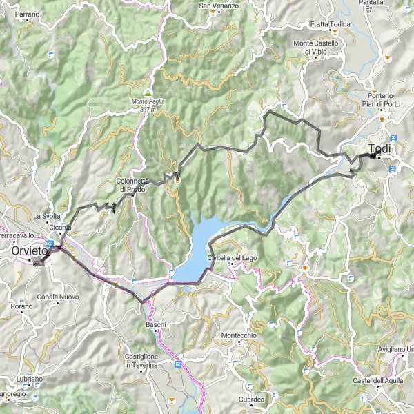 Miniatura mapy "Przejażdżka rowerowa do Orvieto" - trasy rowerowej w Umbria, Italy. Wygenerowane przez planer tras rowerowych Tarmacs.app
