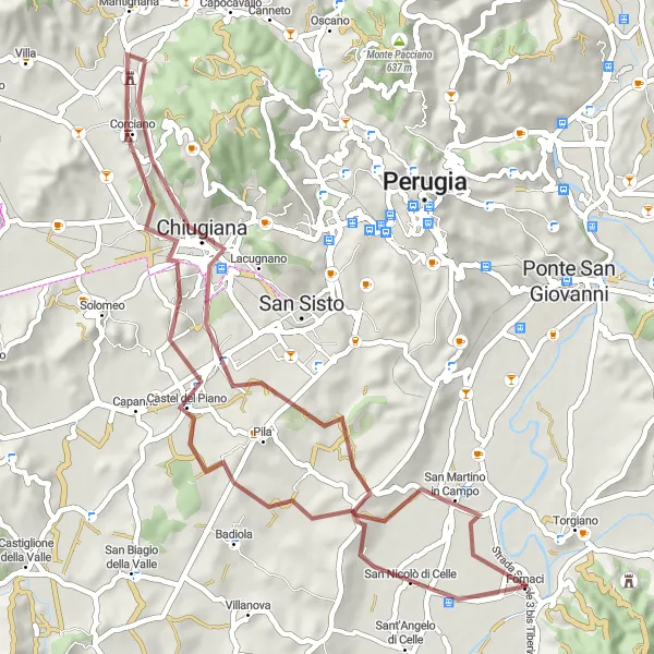 Map miniature of "Corciano Gravel Adventure" cycling inspiration in Umbria, Italy. Generated by Tarmacs.app cycling route planner