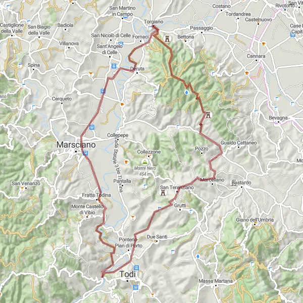 Miniatura della mappa di ispirazione al ciclismo "La Strada delle Conche e Timpani" nella regione di Umbria, Italy. Generata da Tarmacs.app, pianificatore di rotte ciclistiche