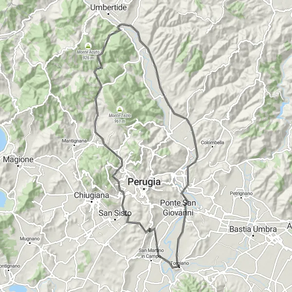 Miniatura della mappa di ispirazione al ciclismo "Il Giro delle Cascate del Fiume" nella regione di Umbria, Italy. Generata da Tarmacs.app, pianificatore di rotte ciclistiche