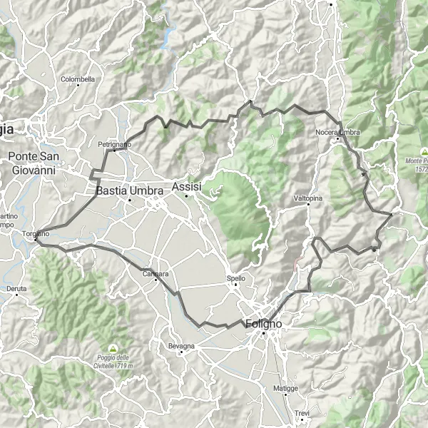 Miniatura della mappa di ispirazione al ciclismo "Il Giro delle Colline Umbre" nella regione di Umbria, Italy. Generata da Tarmacs.app, pianificatore di rotte ciclistiche