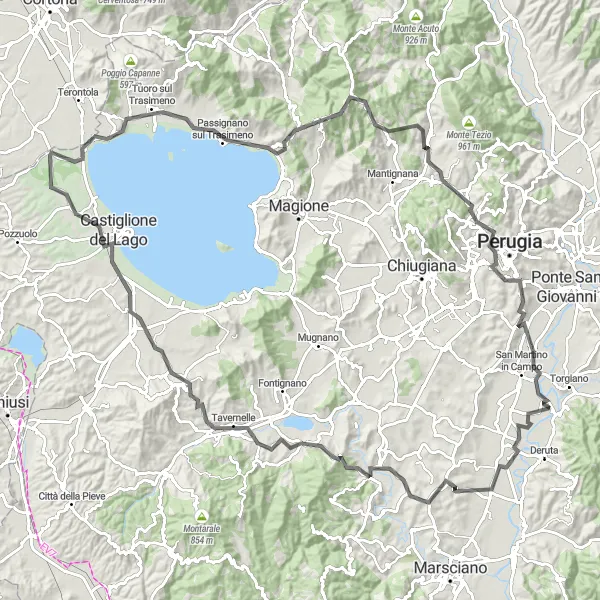 Miniatura della mappa di ispirazione al ciclismo "Giro ciclistico da Torgiano: Lago Trasimeno e Borghi Medievali" nella regione di Umbria, Italy. Generata da Tarmacs.app, pianificatore di rotte ciclistiche