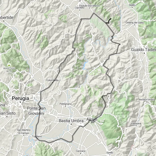 Map miniature of "Torgiano to Bettona Loop (Road)" cycling inspiration in Umbria, Italy. Generated by Tarmacs.app cycling route planner