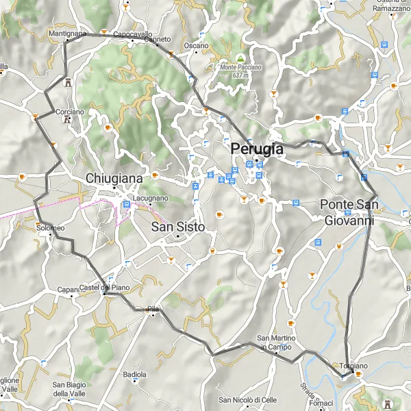 Miniatura della mappa di ispirazione al ciclismo "Da Torgiano a Perugia" nella regione di Umbria, Italy. Generata da Tarmacs.app, pianificatore di rotte ciclistiche