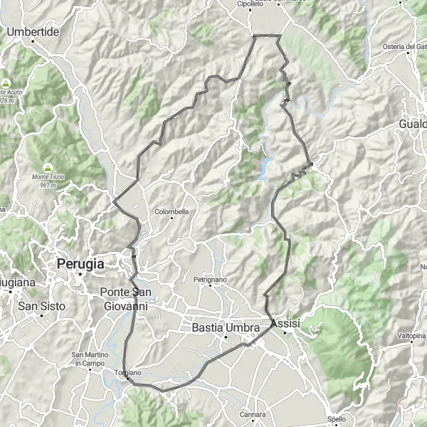 Miniatura della mappa di ispirazione al ciclismo "Escursione in bicicletta panoramica fino ad Assisi" nella regione di Umbria, Italy. Generata da Tarmacs.app, pianificatore di rotte ciclistiche