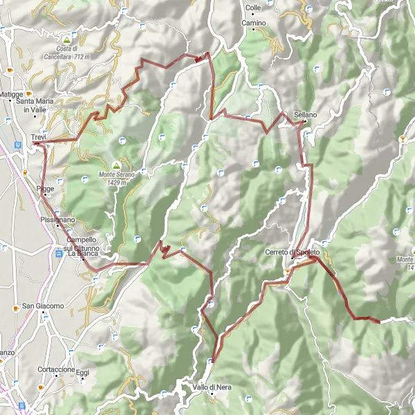 Miniatura della mappa di ispirazione al ciclismo "Montagne e paesaggi intatti" nella regione di Umbria, Italy. Generata da Tarmacs.app, pianificatore di rotte ciclistiche