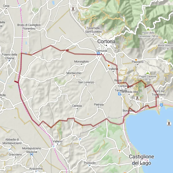 Miniatura della mappa di ispirazione al ciclismo "Giro in Mountain Bike intorno al Lago Trasimeno" nella regione di Umbria, Italy. Generata da Tarmacs.app, pianificatore di rotte ciclistiche