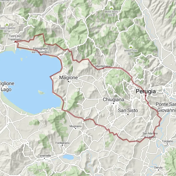 Map miniature of "The Gravel Odyssey through Poggio Belveduto and Agello" cycling inspiration in Umbria, Italy. Generated by Tarmacs.app cycling route planner