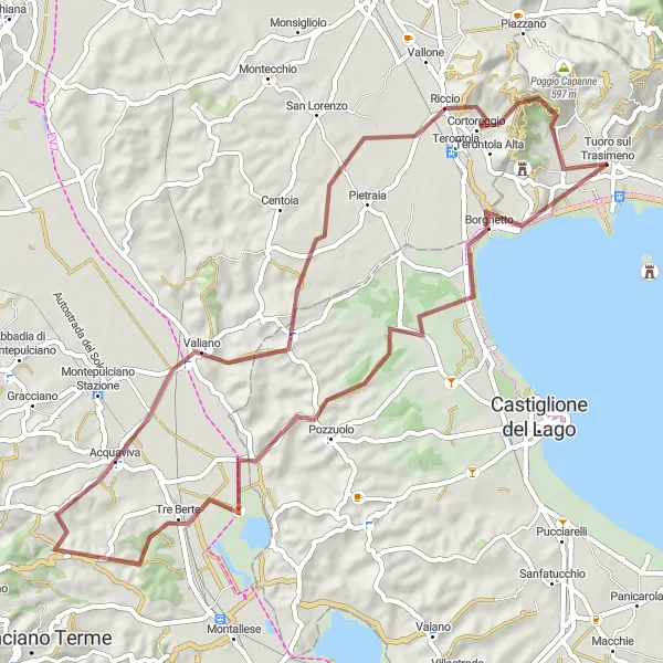 Map miniature of "The Gravel Expedition to Pozzuolo" cycling inspiration in Umbria, Italy. Generated by Tarmacs.app cycling route planner