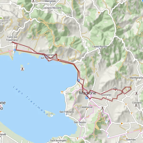 Miniatura della mappa di ispirazione al ciclismo "Le Colline del Trasimeno in Discesa" nella regione di Umbria, Italy. Generata da Tarmacs.app, pianificatore di rotte ciclistiche