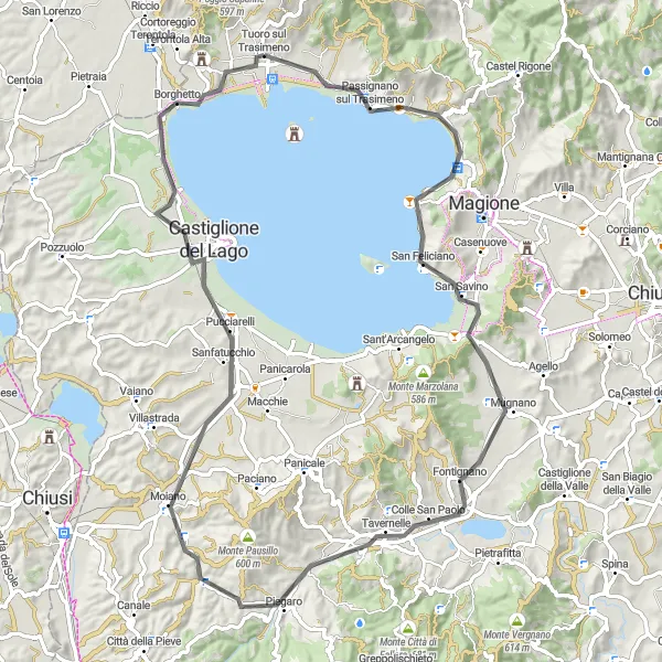 Map miniature of "Trasimeno Lake Loop" cycling inspiration in Umbria, Italy. Generated by Tarmacs.app cycling route planner