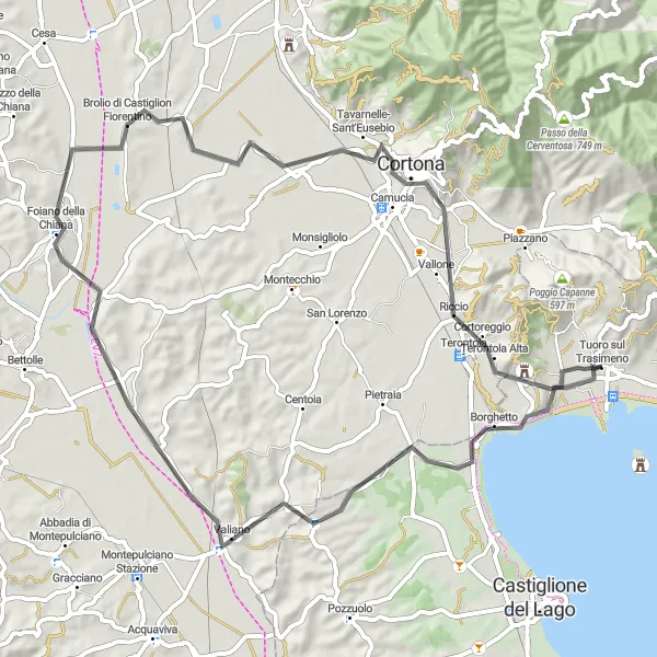 Miniatura della mappa di ispirazione al ciclismo "Tour delle Colline di Cortona" nella regione di Umbria, Italy. Generata da Tarmacs.app, pianificatore di rotte ciclistiche
