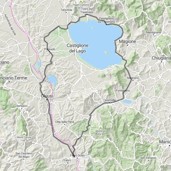 Miniatura della mappa di ispirazione al ciclismo "Giro in bicicletta da Tuoro sul Trasimeno" nella regione di Umbria, Italy. Generata da Tarmacs.app, pianificatore di rotte ciclistiche