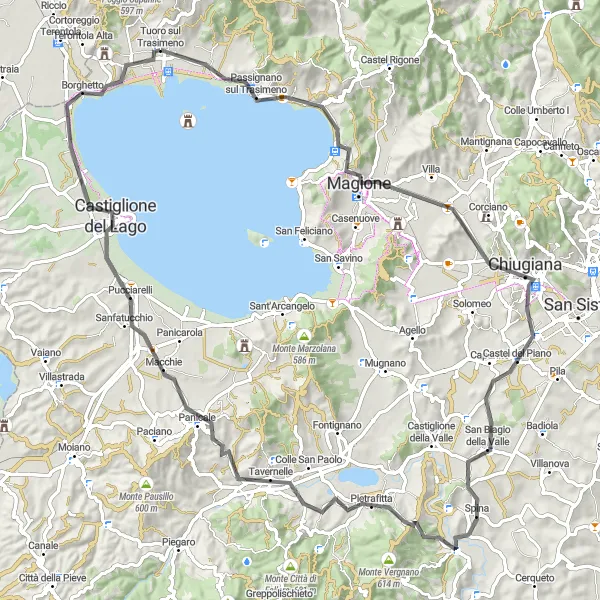 Miniatura della mappa di ispirazione al ciclismo "Giro Panoramico tra Monte e Lago" nella regione di Umbria, Italy. Generata da Tarmacs.app, pianificatore di rotte ciclistiche