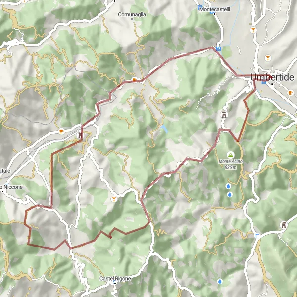 Map miniature of "Scenic Gravel Ride near Umbertide" cycling inspiration in Umbria, Italy. Generated by Tarmacs.app cycling route planner