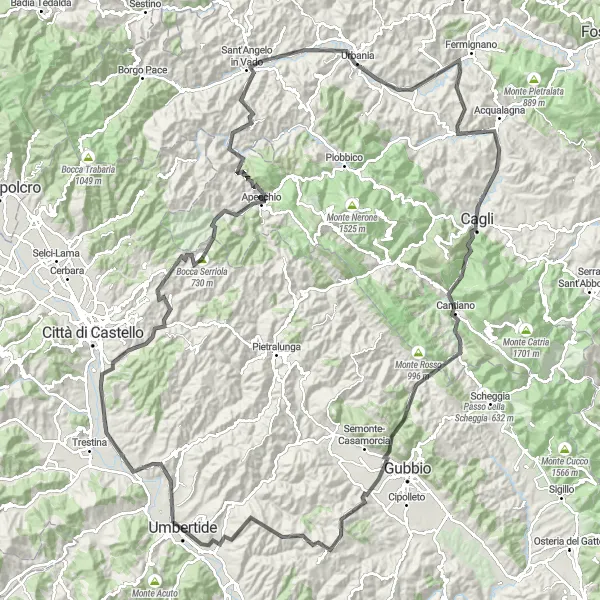 Map miniature of "Umbertide to Sant'Angelo in Vado Road Adventure" cycling inspiration in Umbria, Italy. Generated by Tarmacs.app cycling route planner