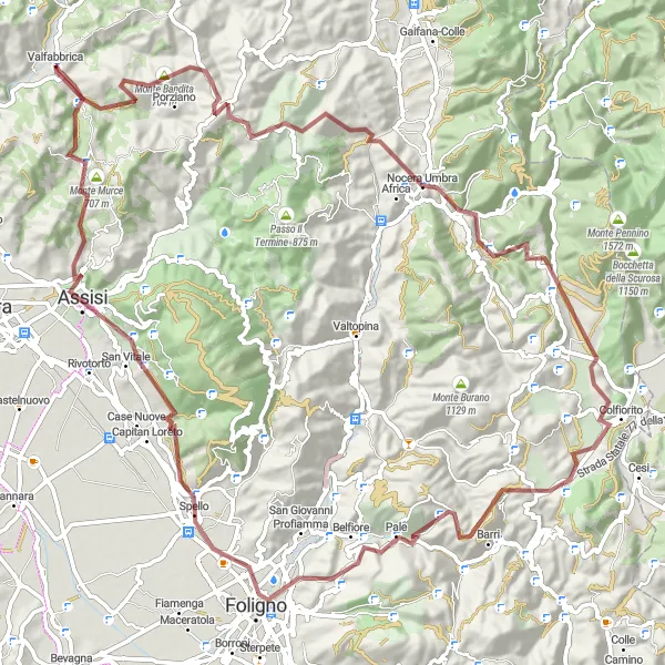 Map miniature of "Gravel Adventure: Valfabbrica to Assisi" cycling inspiration in Umbria, Italy. Generated by Tarmacs.app cycling route planner