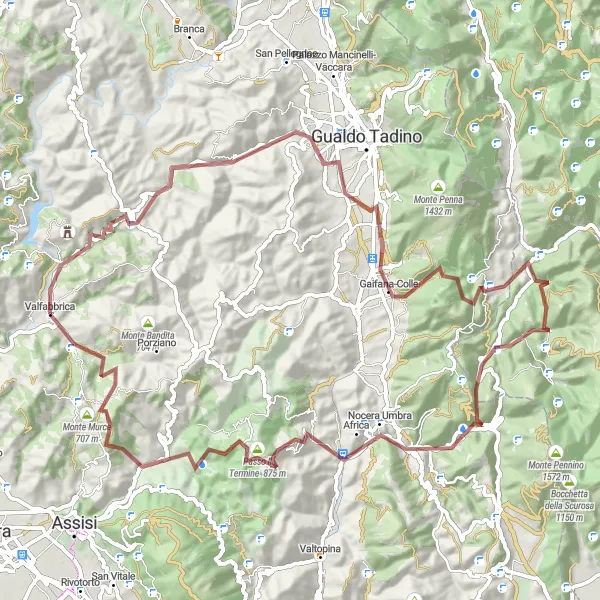 Miniatura della mappa di ispirazione al ciclismo "Rotta gravel intorno a Valfabbrica" nella regione di Umbria, Italy. Generata da Tarmacs.app, pianificatore di rotte ciclistiche