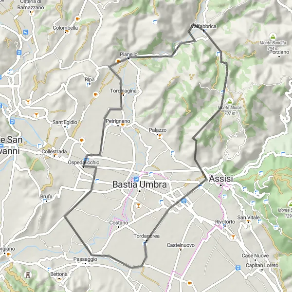 Miniatura della mappa di ispirazione al ciclismo "Tour Panoramico della Val Tiberina" nella regione di Umbria, Italy. Generata da Tarmacs.app, pianificatore di rotte ciclistiche