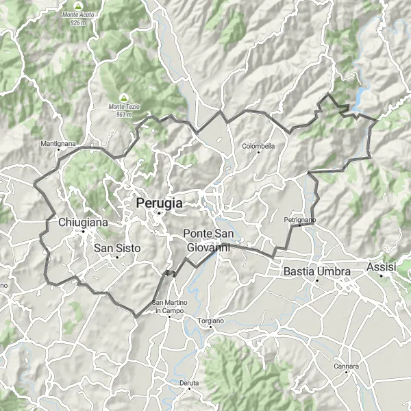 Miniatura della mappa di ispirazione al ciclismo "Tour delle Antiche Vie Umbre" nella regione di Umbria, Italy. Generata da Tarmacs.app, pianificatore di rotte ciclistiche