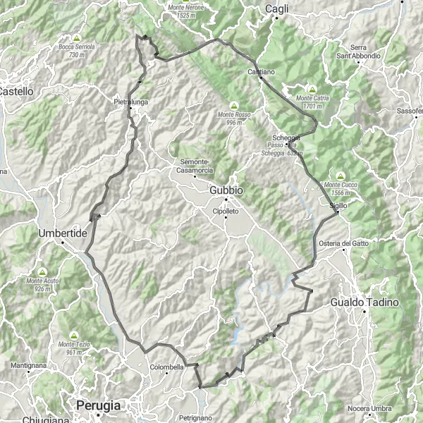 Miniatura della mappa di ispirazione al ciclismo "Giro in bicicletta panoramico da Valfabbrica" nella regione di Umbria, Italy. Generata da Tarmacs.app, pianificatore di rotte ciclistiche