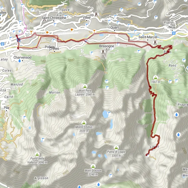 Karttaminiaatyyri "Alppipolkuja ja maalaistunnelmaa" pyöräilyinspiraatiosta alueella Valle d’Aosta/Vallée d’Aoste, Italy. Luotu Tarmacs.app pyöräilyreittisuunnittelijalla