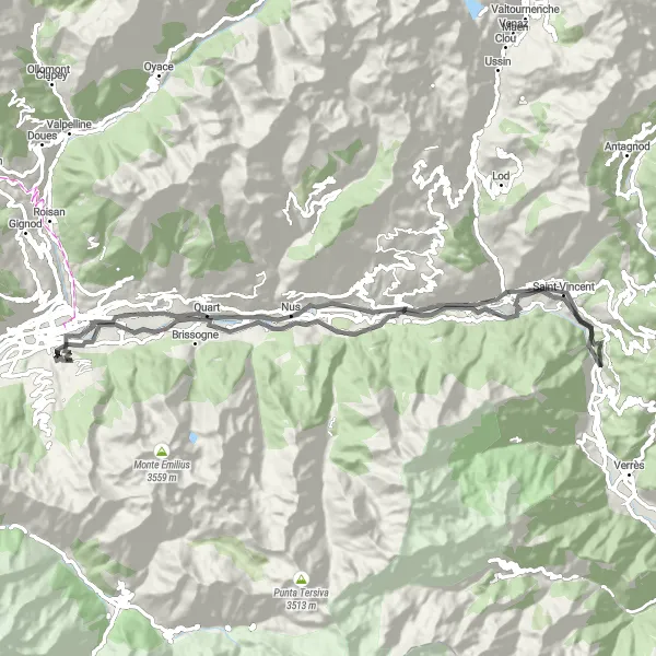 Kartminiatyr av "Vägcykling till Charvensod" cykelinspiration i Valle d’Aosta/Vallée d’Aoste, Italy. Genererad av Tarmacs.app cykelruttplanerare