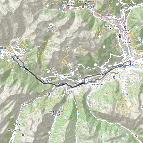 Zemljevid v pomanjšavi "Pustolovščina po cestah okoli Aoste" kolesarske inspiracije v Valle d’Aosta/Vallée d’Aoste, Italy. Generirano z načrtovalcem kolesarskih poti Tarmacs.app