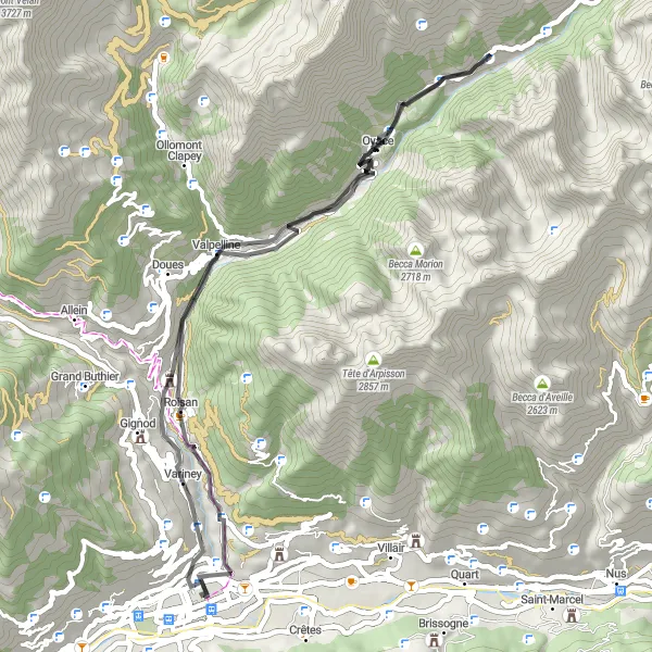 Miniaturní mapa "Cyklotrasa kolem Aosty: Aosta - Casaforte di Rhins - Closé - Oyace - Roisan - Criptoportico Forense" inspirace pro cyklisty v oblasti Valle d’Aosta/Vallée d’Aoste, Italy. Vytvořeno pomocí plánovače tras Tarmacs.app