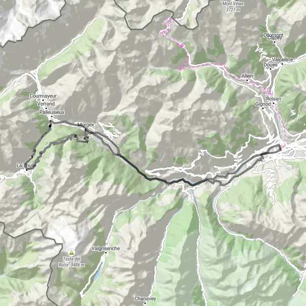 Miniaturní mapa "Náročná cyklotrasa Aosta - Crête de Ville - Morgex - La Thuile - Colle San Carlo - Leverogne - Torre del Lebbroso" inspirace pro cyklisty v oblasti Valle d’Aosta/Vallée d’Aoste, Italy. Vytvořeno pomocí plánovače tras Tarmacs.app