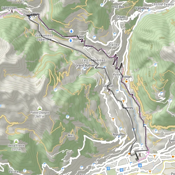 Kartminiatyr av "Historiska städer och fantastisk natur" cykelinspiration i Valle d’Aosta/Vallée d’Aoste, Italy. Genererad av Tarmacs.app cykelruttplanerare