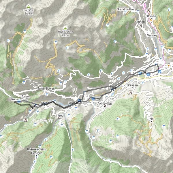 Miniaturní mapa "Okružní cyklotrasa Aosta - Belvedere - Castello La Mothe - Mont d'Oveillan - Torre del Lebbroso" inspirace pro cyklisty v oblasti Valle d’Aosta/Vallée d’Aoste, Italy. Vytvořeno pomocí plánovače tras Tarmacs.app