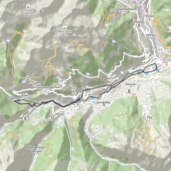 Karttaminiaatyyri "Aosta - Torre del Lebbroso" pyöräilyinspiraatiosta alueella Valle d’Aosta/Vallée d’Aoste, Italy. Luotu Tarmacs.app pyöräilyreittisuunnittelijalla