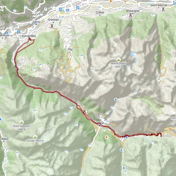 Map miniature of "Gravel Adventure in Nature's Paradise" cycling inspiration in Valle d’Aosta/Vallée d’Aoste, Italy. Generated by Tarmacs.app cycling route planner