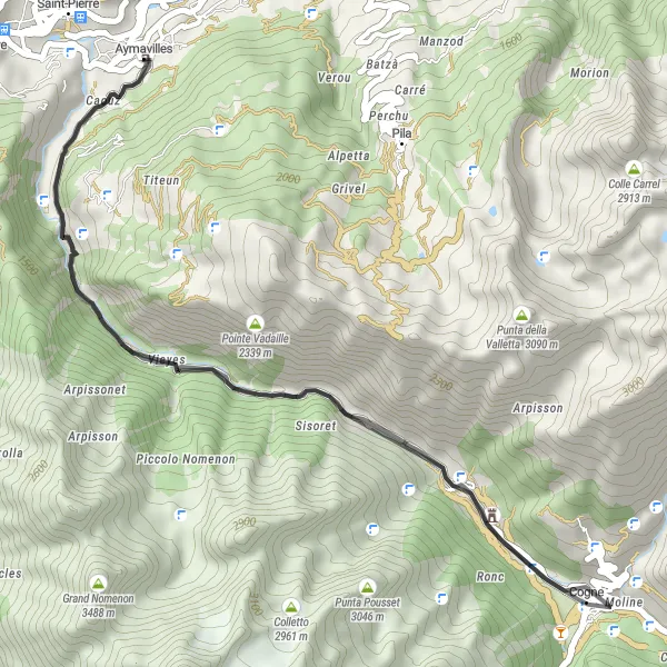 Zemljevid v pomanjšavi "Kolesarska pot do Aoste in nazaj" kolesarske inspiracije v Valle d’Aosta/Vallée d’Aoste, Italy. Generirano z načrtovalcem kolesarskih poti Tarmacs.app