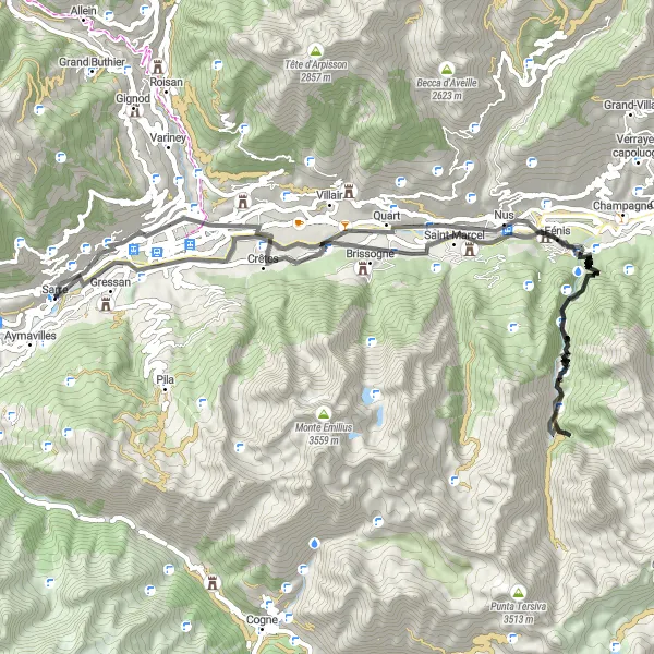 Map miniature of "Mountain Passes and Towering Peaks" cycling inspiration in Valle d’Aosta/Vallée d’Aoste, Italy. Generated by Tarmacs.app cycling route planner